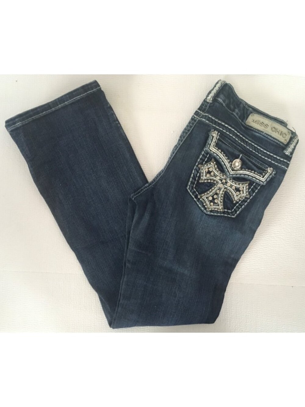 Miss Chic Jeans Size 13 Blue Embellished Mid rise Bootcut Cross Pockets - Picture 7 of 15